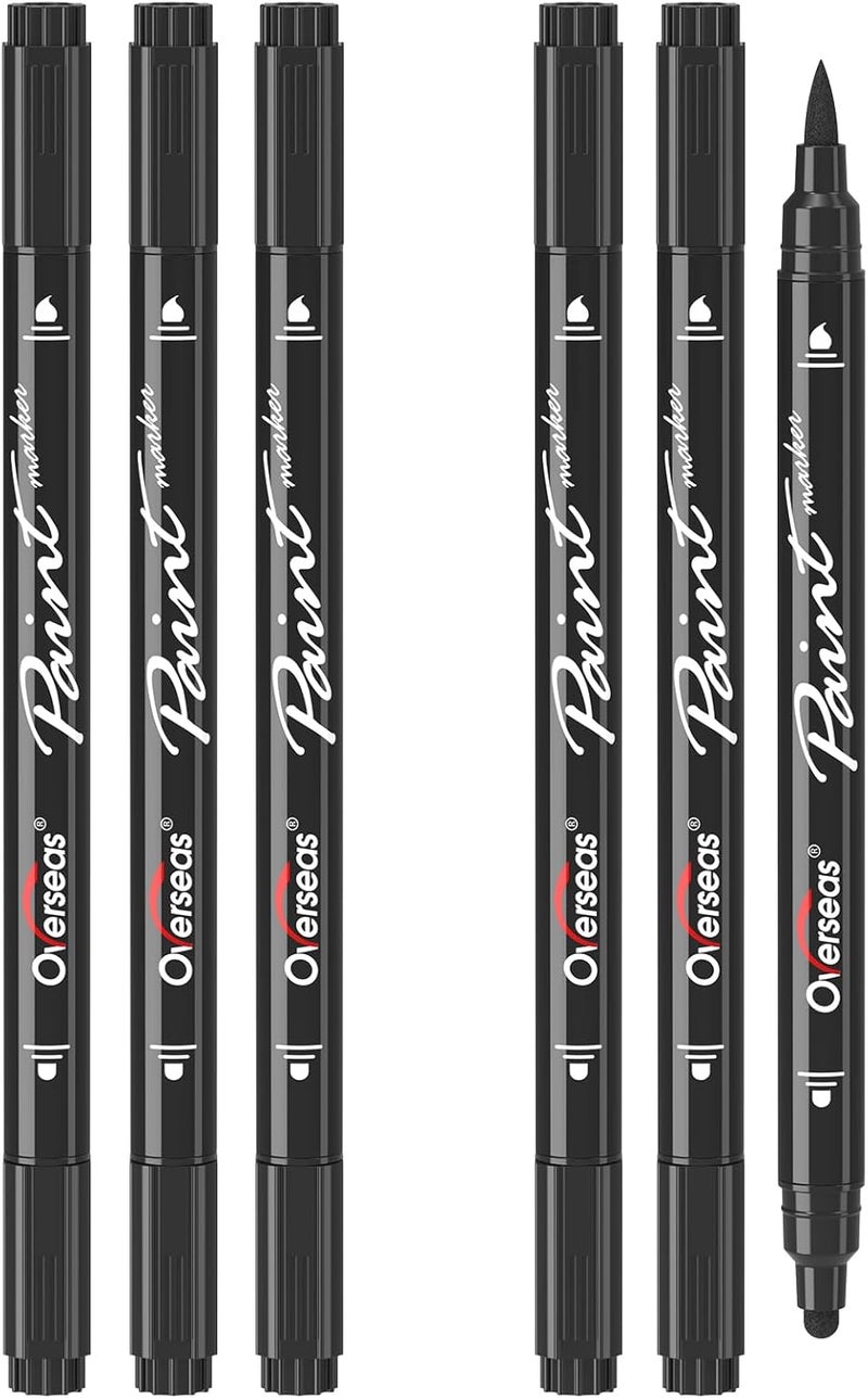 Overseas Black Acrylic Paint Markers, 6 Pack Dual Tip Paint Pens Acrylic Markers - Dot and Brush Tip Coloring Marker for Wood, Rock, Canvas, Glass, Metal, Plastic, Rubber, Fabric, School Supplies - Image 1